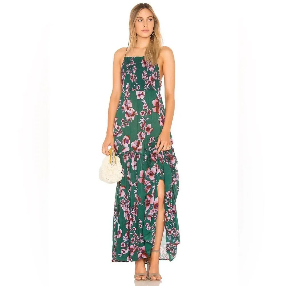 Free People Green Floral Maxi Dress with Pink Flowers